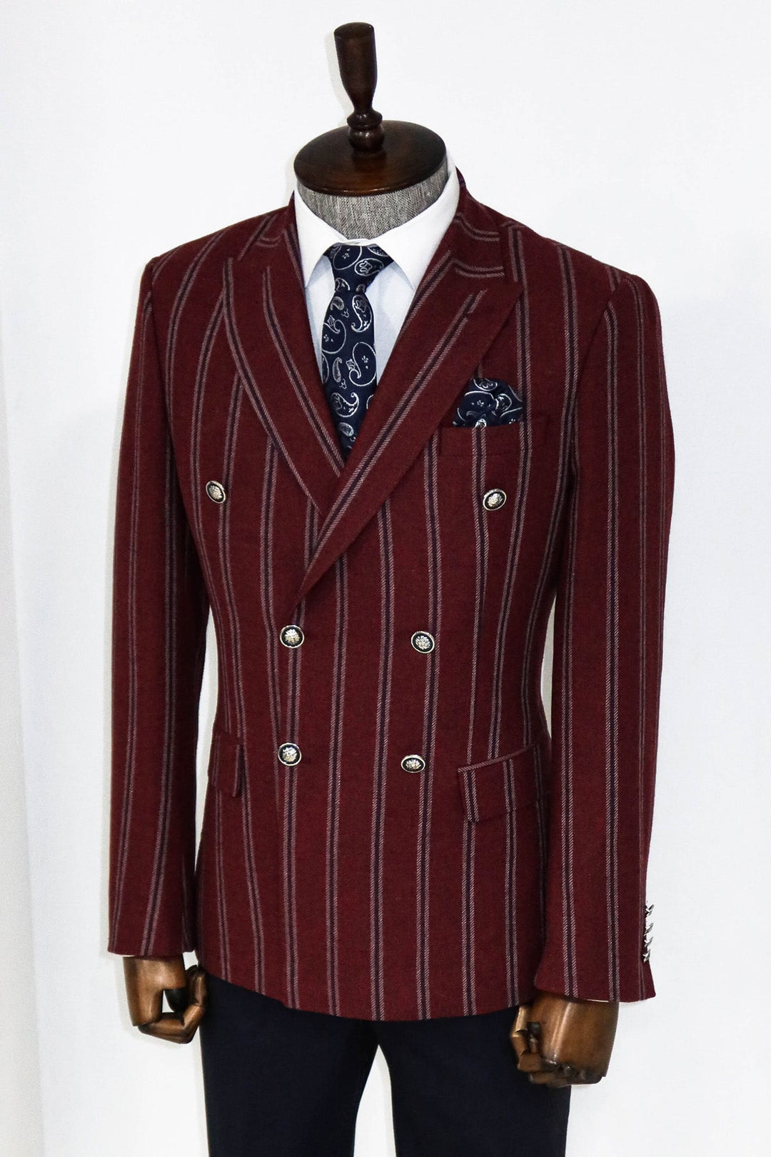 WSS Wide Lapel Striped Double Breasted Burgundy Men Blazer and Trousers Combination  - Pénjamo