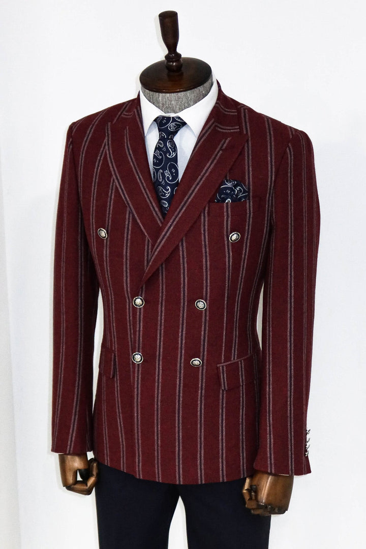 WSS Wide Lapel Striped Double Breasted Burgundy Men Blazer and Trousers Combination  - Pénjamo