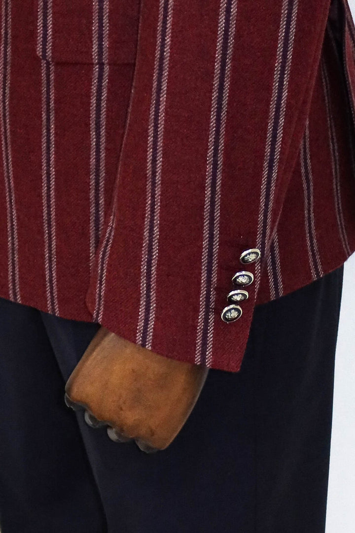 WSS Wide Lapel Striped Double Breasted Burgundy Men Blazer and Trousers Combination  - Pénjamo