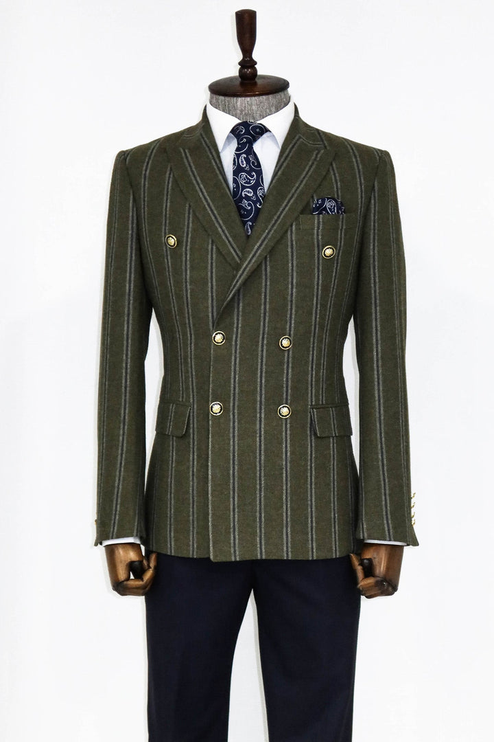 WSS Wide Lapel Striped Double Breasted Green Men Blazer and Trousers Combination - Trento