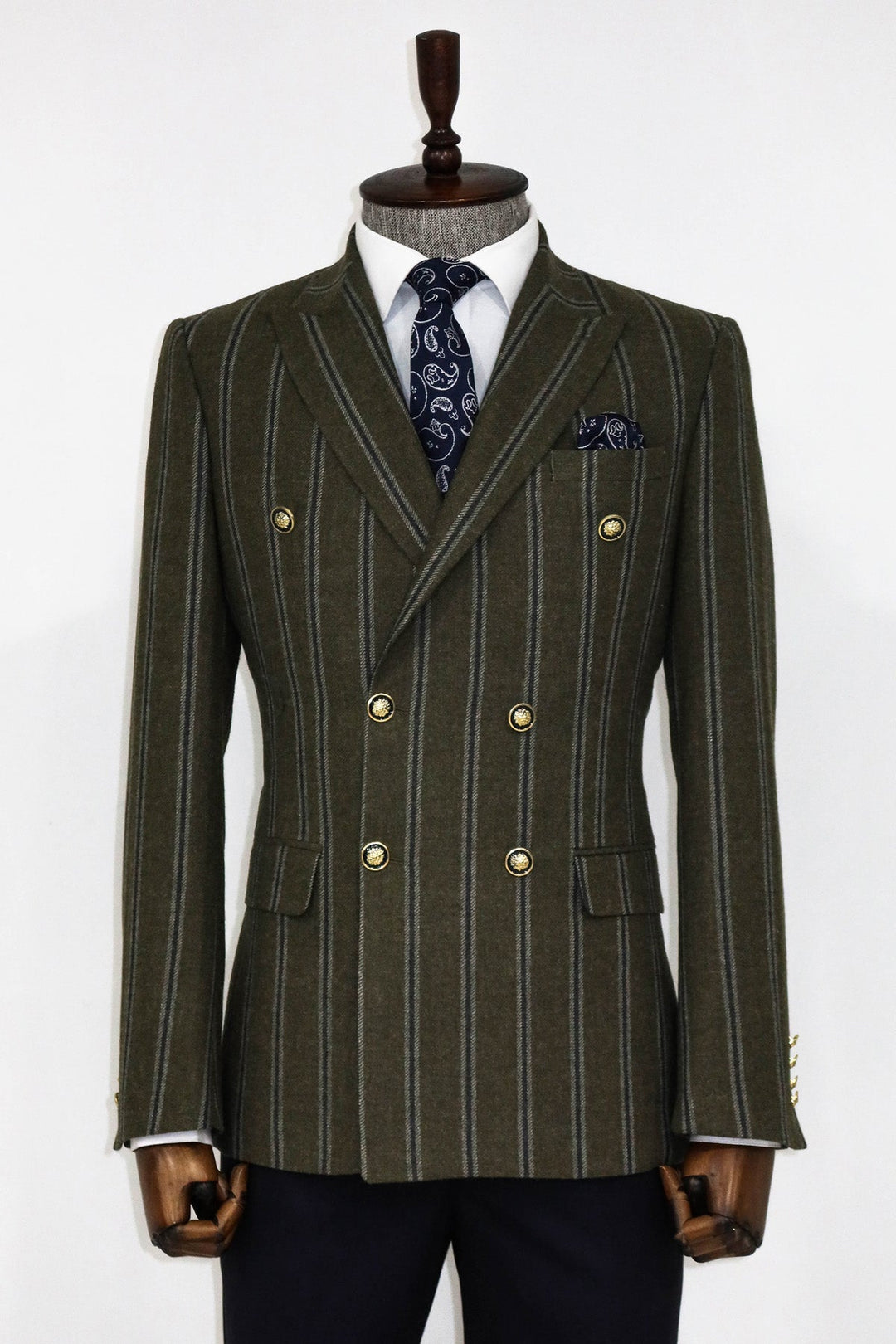 WSS Wide Lapel Striped Double Breasted Green Men Blazer and Trousers Combination - Trento