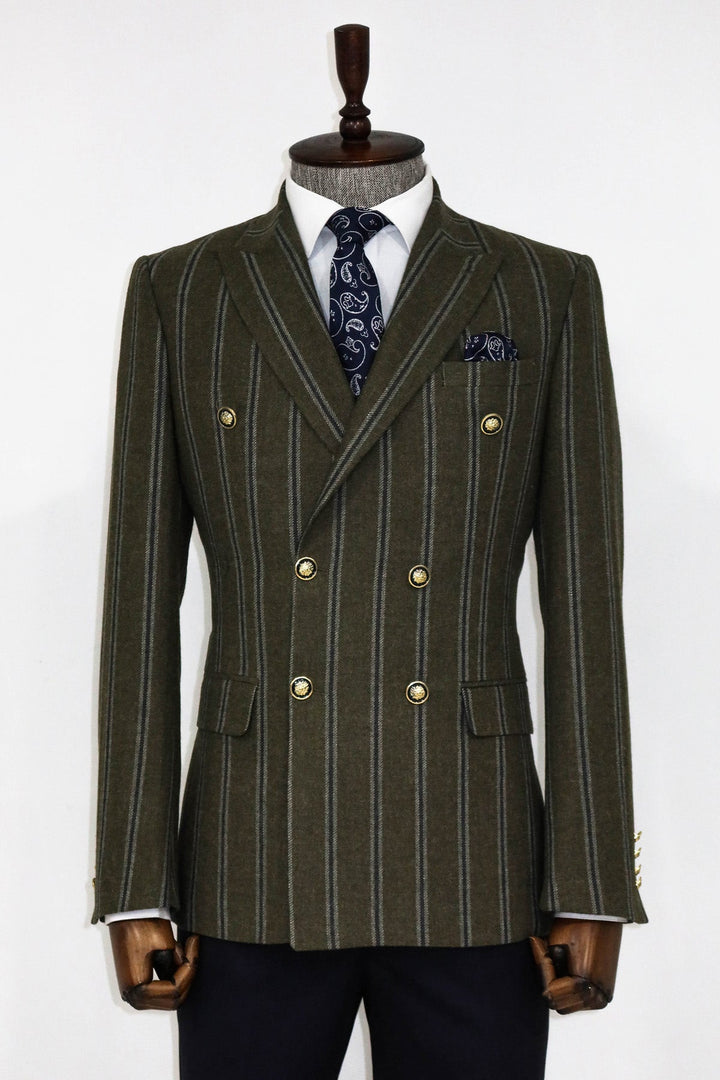 WSS Wide Lapel Striped Double Breasted Green Men Blazer and Trousers Combination - Trento
