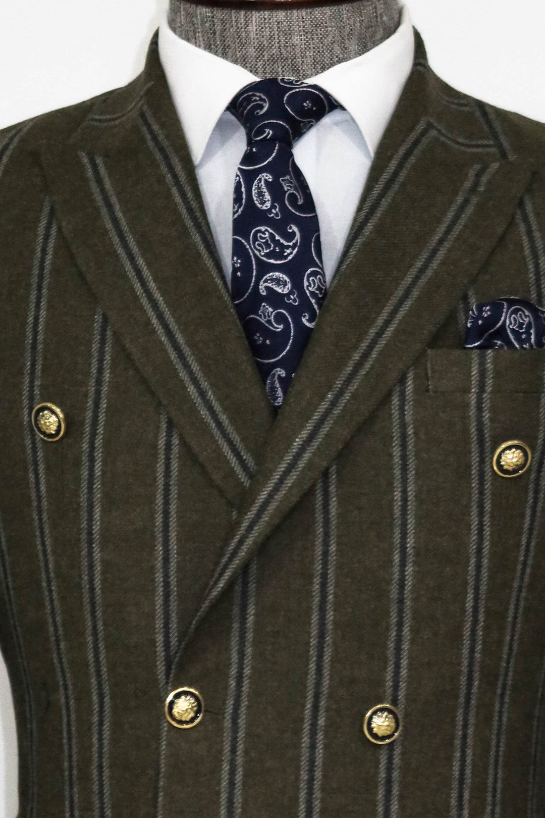WSS Wide Lapel Striped Double Breasted Green Men Blazer and Trousers Combination - Trento