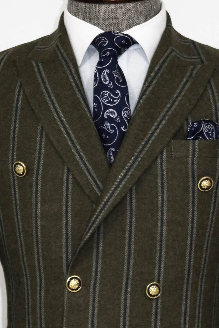 WSS Wide Lapel Striped Double Breasted Green Men Blazer and Trousers Combination - Trento