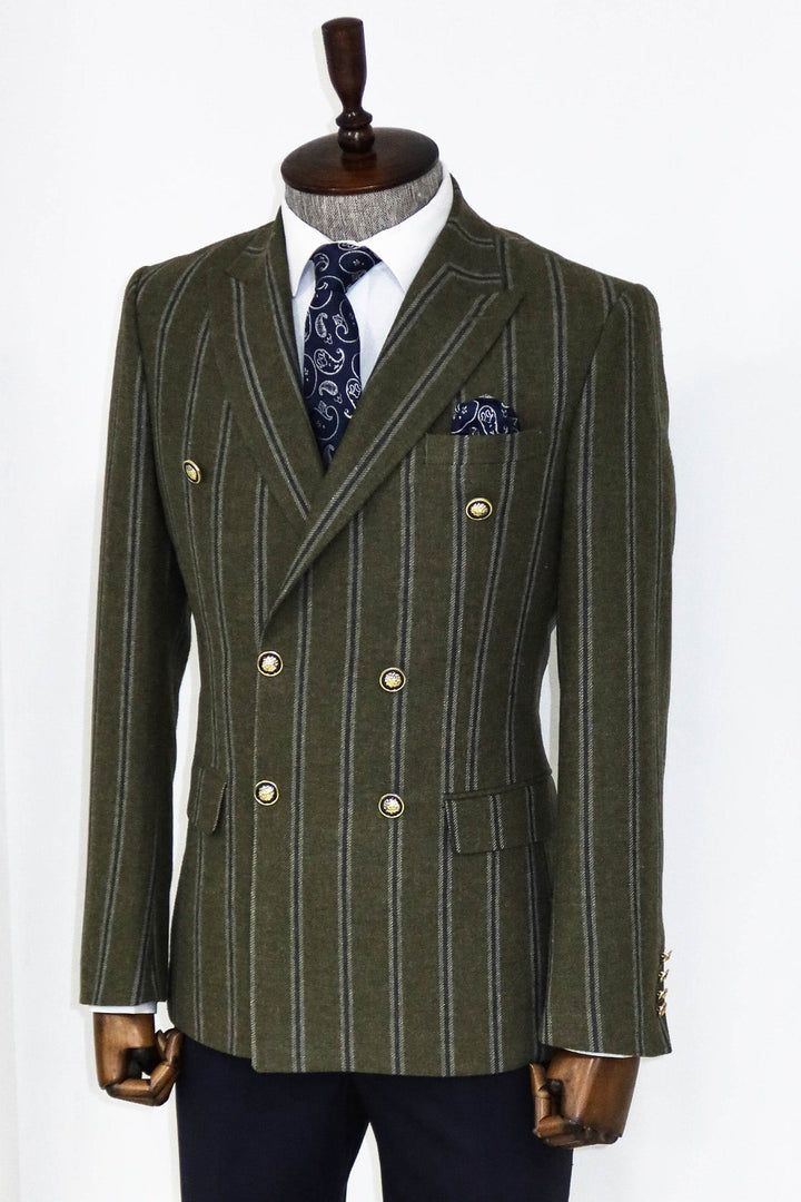 WSS Wide Lapel Striped Double Breasted Green Men Blazer and Trousers Combination - Trento