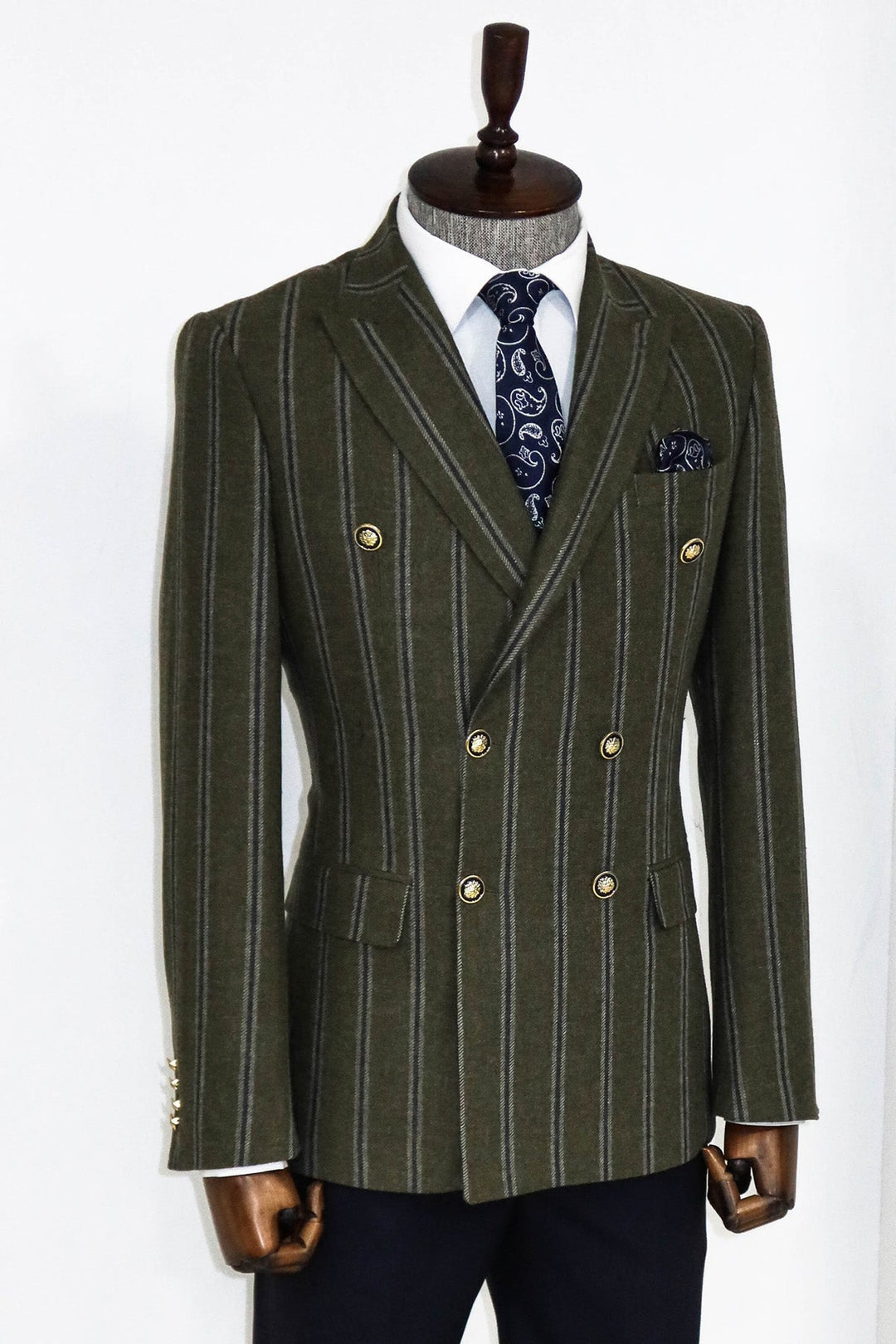 WSS Wide Lapel Striped Double Breasted Green Men Blazer and Trousers Combination - Trento