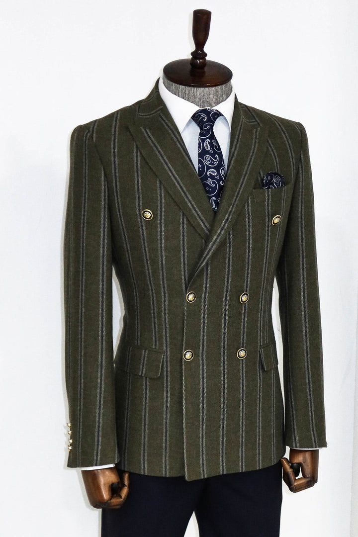 WSS Wide Lapel Striped Double Breasted Green Men Blazer and Trousers Combination - Trento