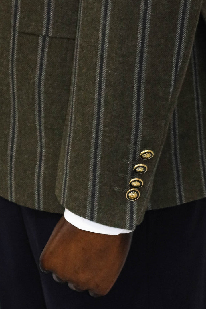 WSS Wide Lapel Striped Double Breasted Green Men Blazer and Trousers Combination - Trento