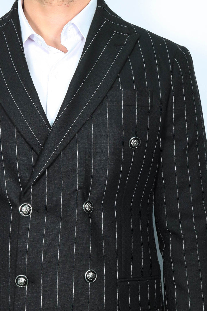 WSS Double Breasted Slim Fit Striped Black Men Blazer  - Medford