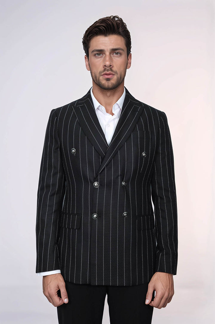 WSS Double Breasted Slim Fit Striped Black Men Blazer  - Medford