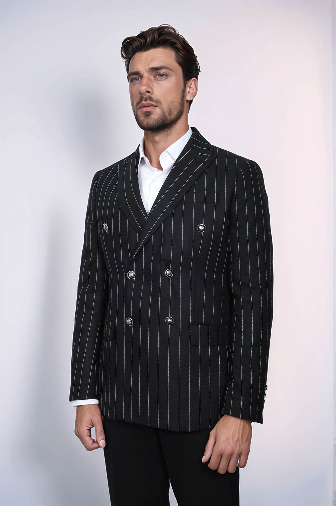 WSS Double Breasted Slim Fit Striped Black Men Blazer  - Medford