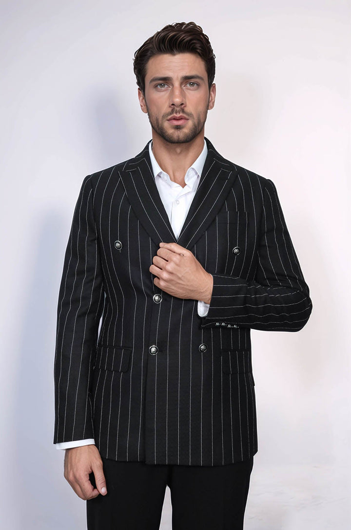 WSS Double Breasted Slim Fit Striped Black Men Blazer  - Medford