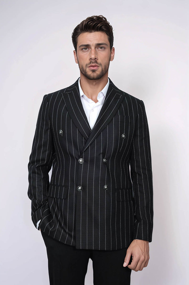 WSS Double Breasted Slim Fit Striped Black Men Blazer  - Medford