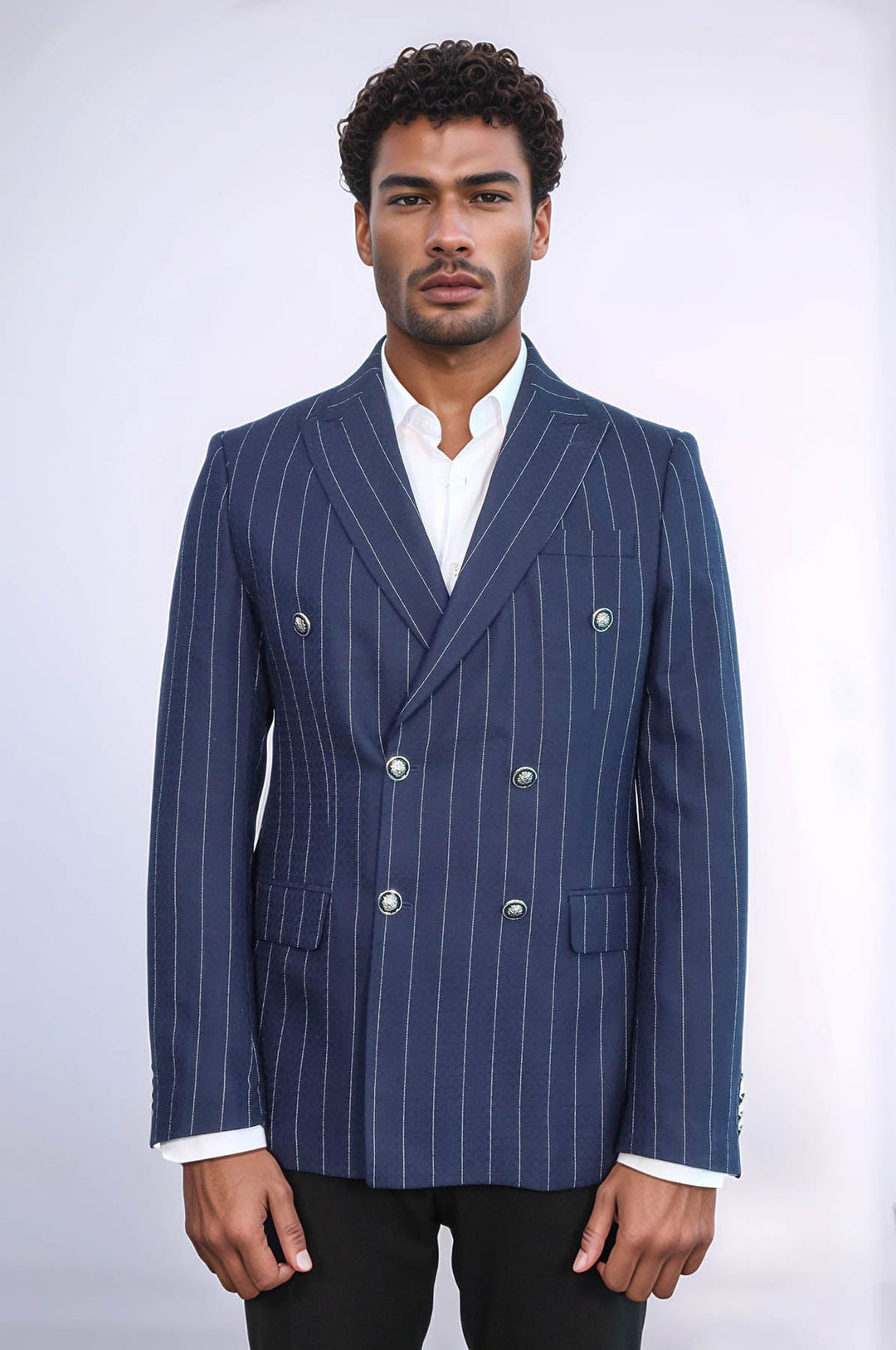 WSS Double Breasted Slim Fit Striped Navy Blue Men Blazer  - Tarragona