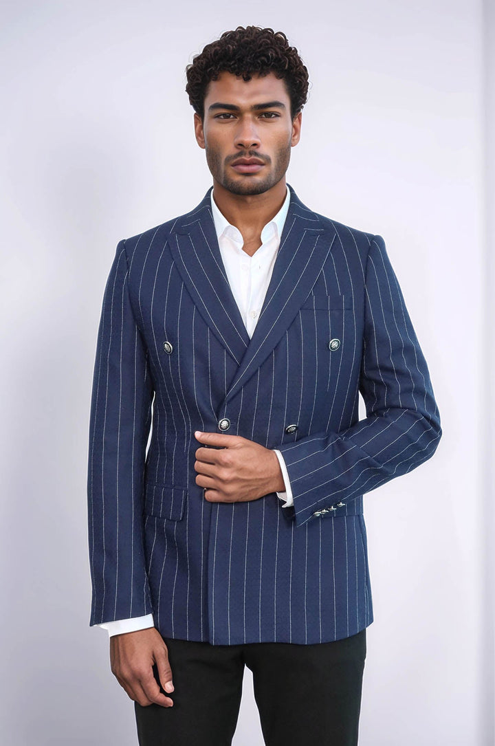 WSS Double Breasted Slim Fit Striped Navy Blue Men Blazer  - Tarragona