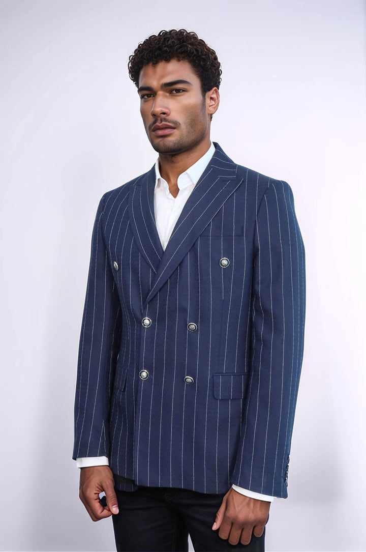 WSS Double Breasted Slim Fit Striped Navy Blue Men Blazer  - Tarragona