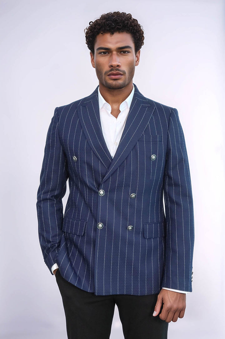 WSS Double Breasted Slim Fit Striped Navy Blue Men Blazer  - Tarragona