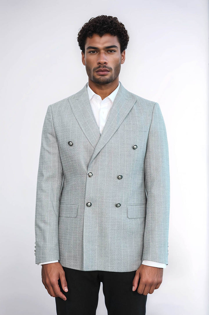 WSS Double Breasted Slim Fit Striped Grey Men Blazer  - Chihuahua
