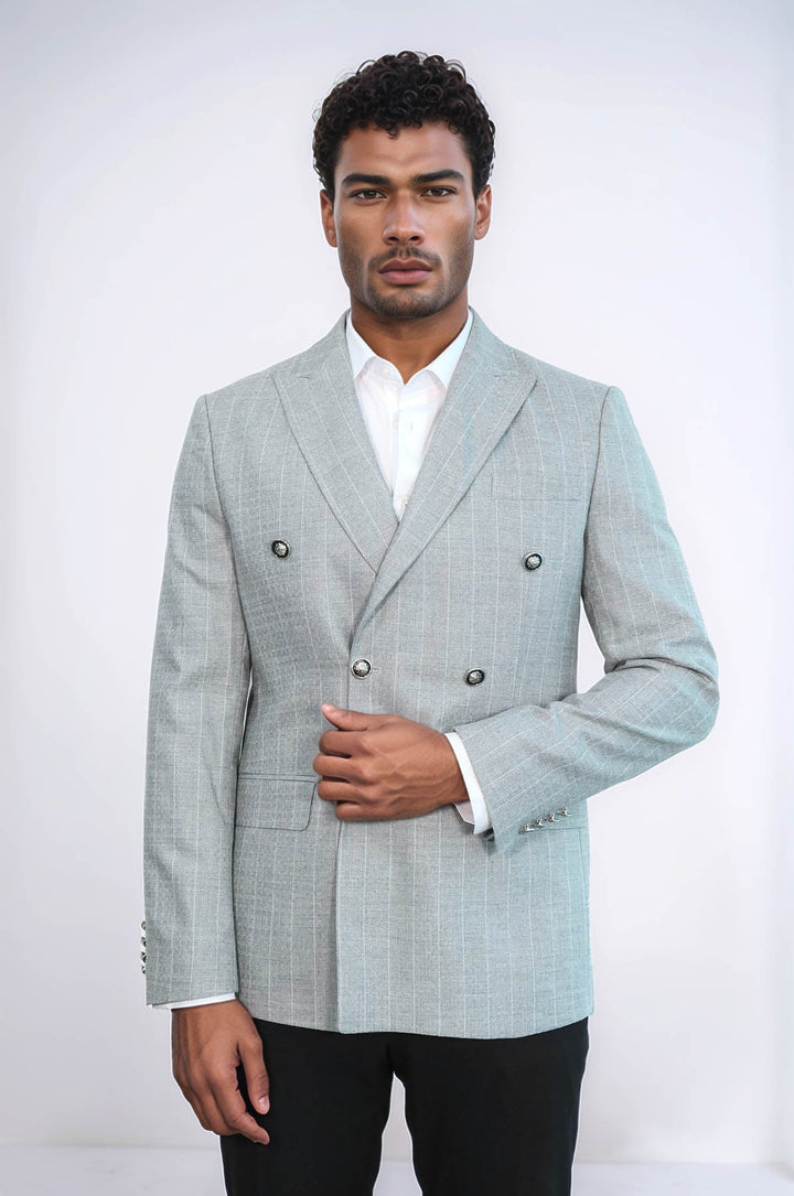 WSS Double Breasted Slim Fit Striped Grey Men Blazer  - Chihuahua