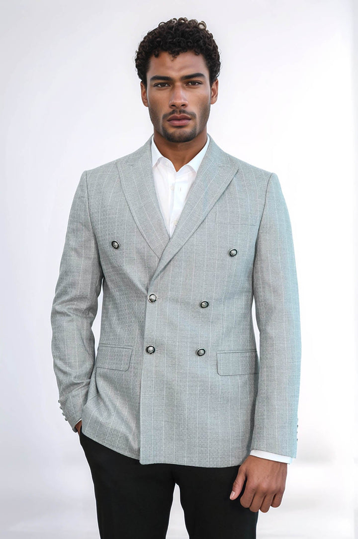 WSS Double Breasted Slim Fit Striped Grey Men Blazer  - Chihuahua