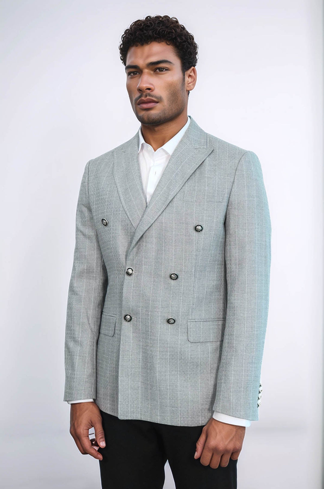 WSS Double Breasted Slim Fit Striped Grey Men Blazer  - Chihuahua