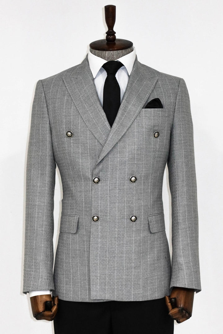 WSS Double Breasted Slim Fit Striped Grey Men Blazer and Trousers Combination  - Birmingham