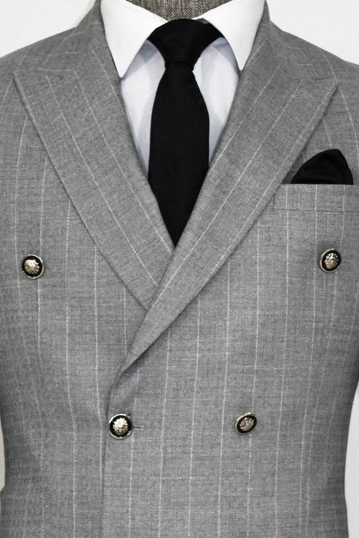 WSS Double Breasted Slim Fit Striped Grey Men Blazer and Trousers Combination  - Birmingham