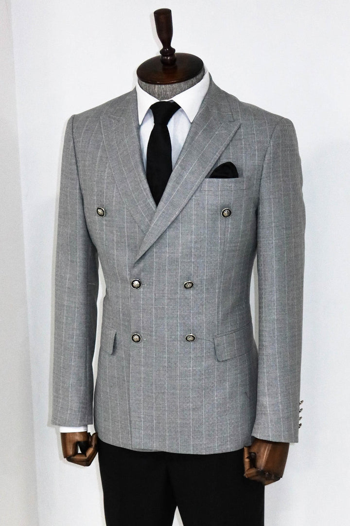 WSS Double Breasted Slim Fit Striped Grey Men Blazer and Trousers Combination  - Birmingham