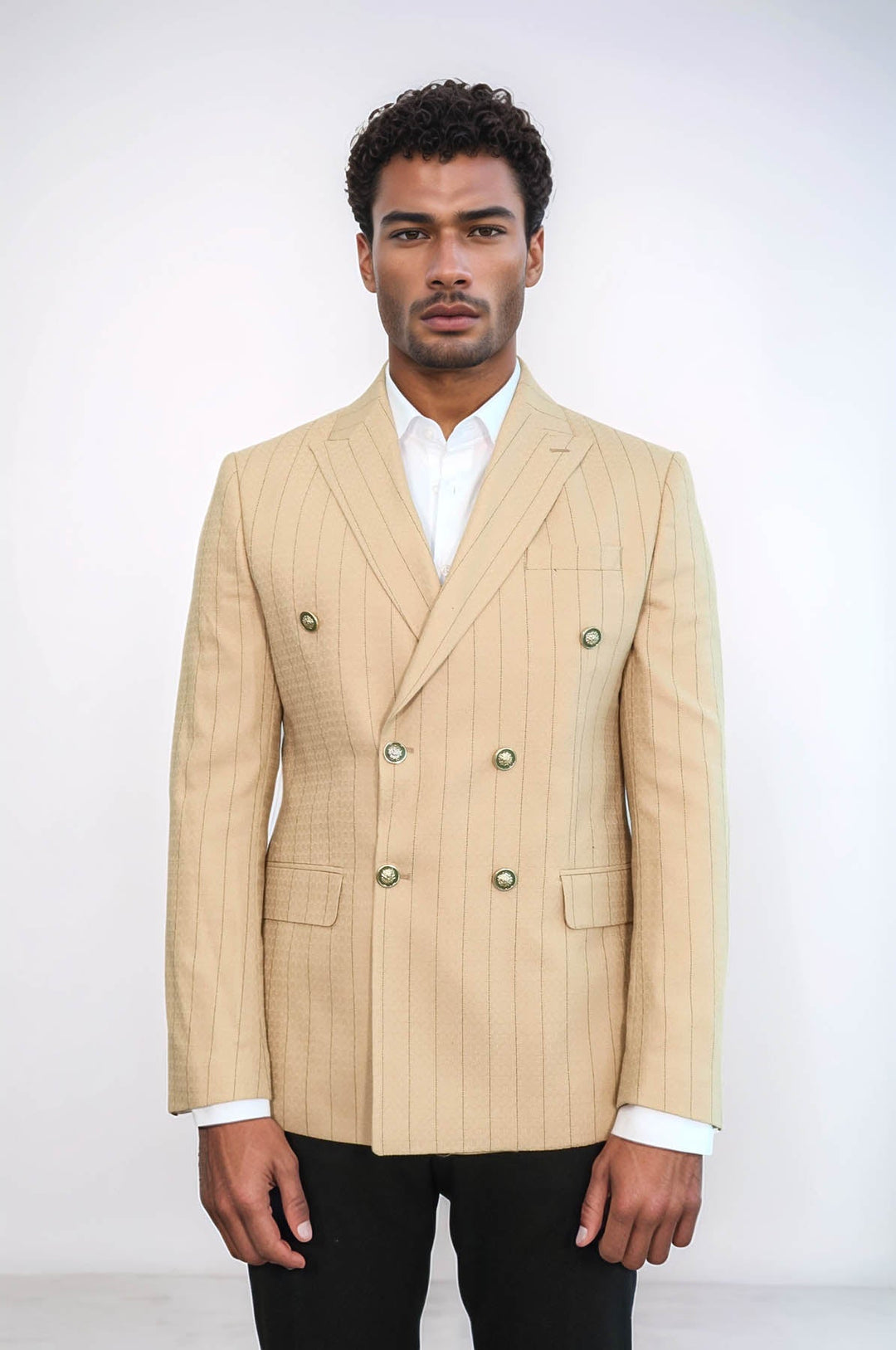 WSS Double Breasted Slim Fit Striped Cream Men Blazer  - Monroe