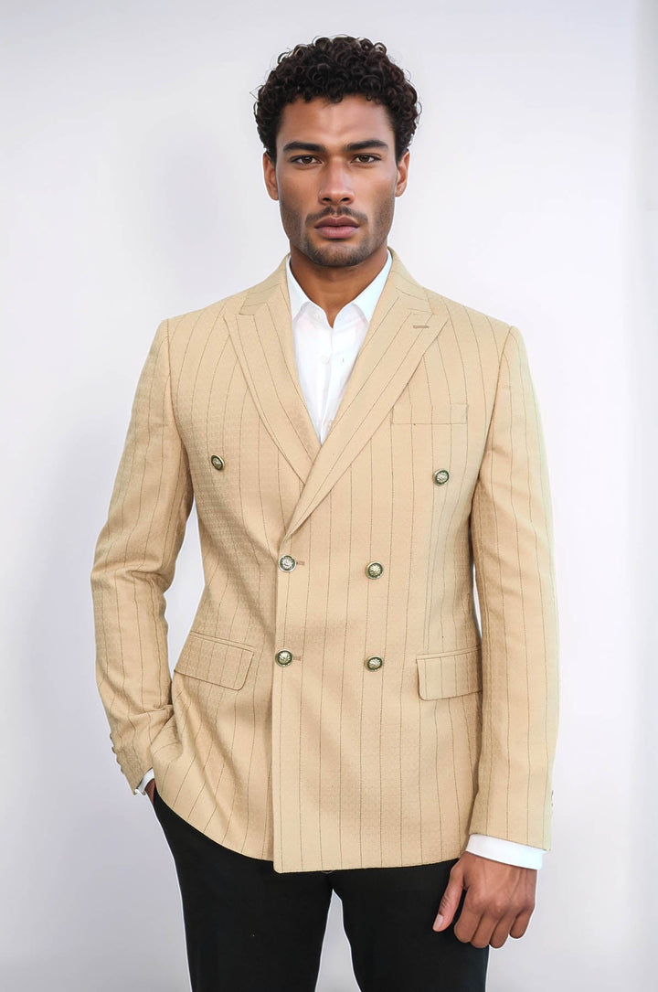 WSS Double Breasted Slim Fit Striped Cream Men Blazer  - Monroe