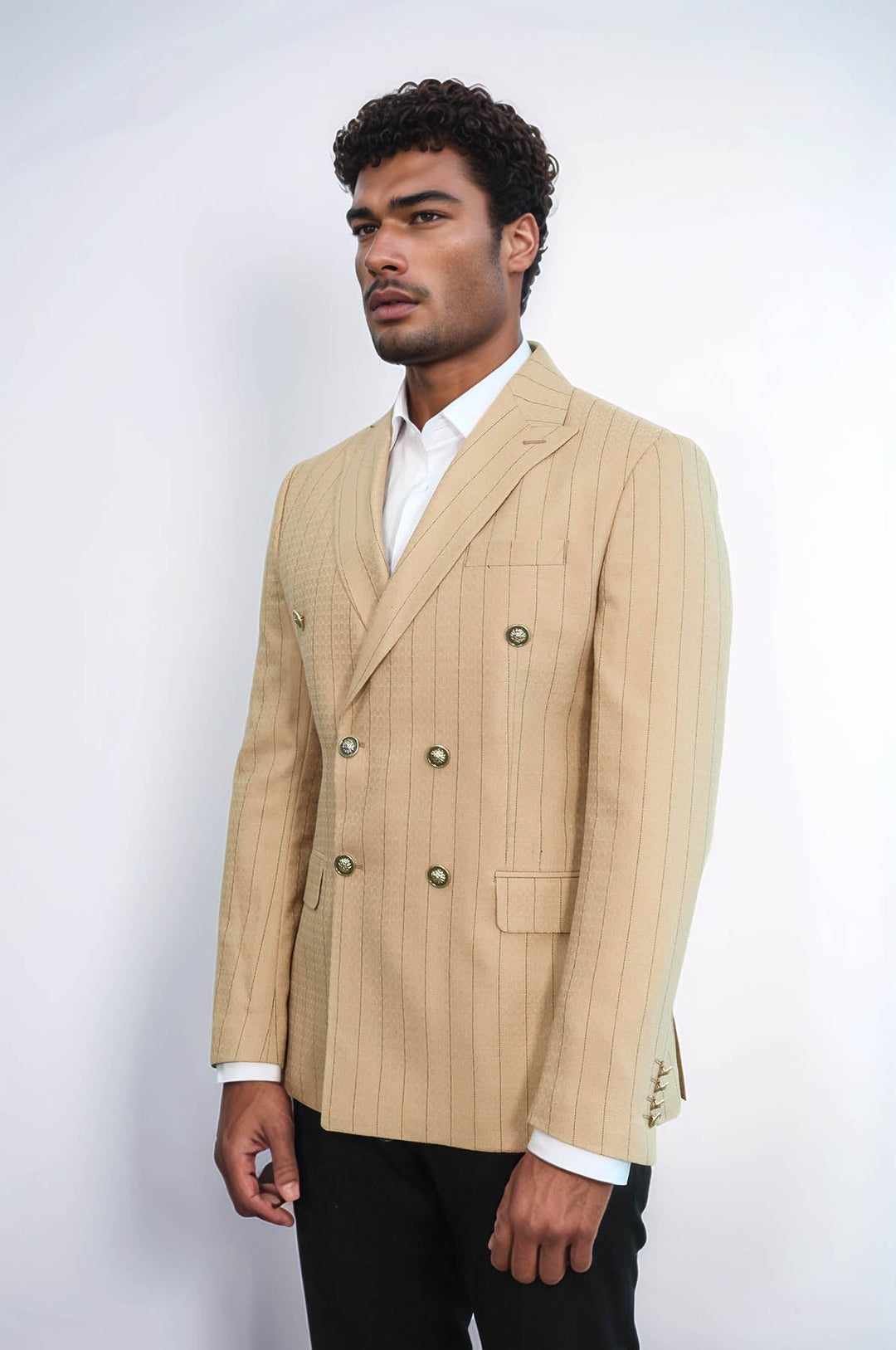 WSS Double Breasted Slim Fit Striped Cream Men Blazer  - Monroe