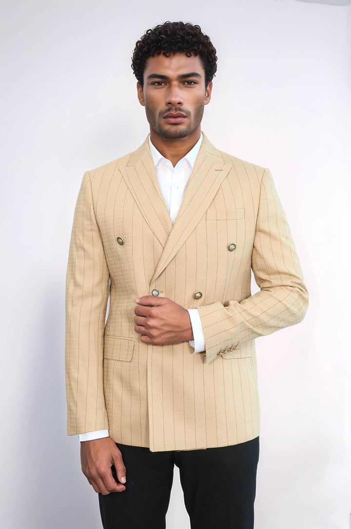WSS Double Breasted Slim Fit Striped Cream Men Blazer  - Monroe