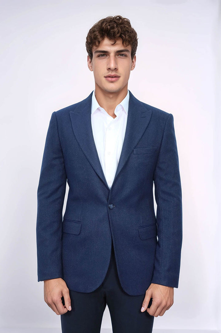 WSS Slim Fit Patterned Dark Blue Men Blazer  - Redding