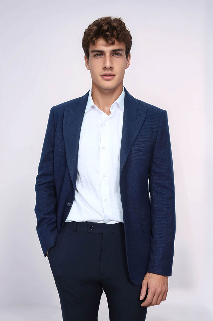 WSS Slim Fit Patterned Dark Blue Men Blazer  - Redding