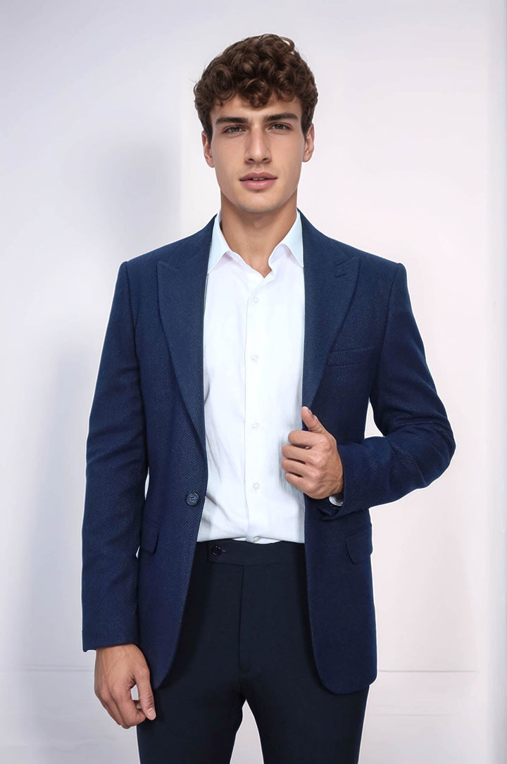 WSS Slim Fit Patterned Dark Blue Men Blazer  - Redding