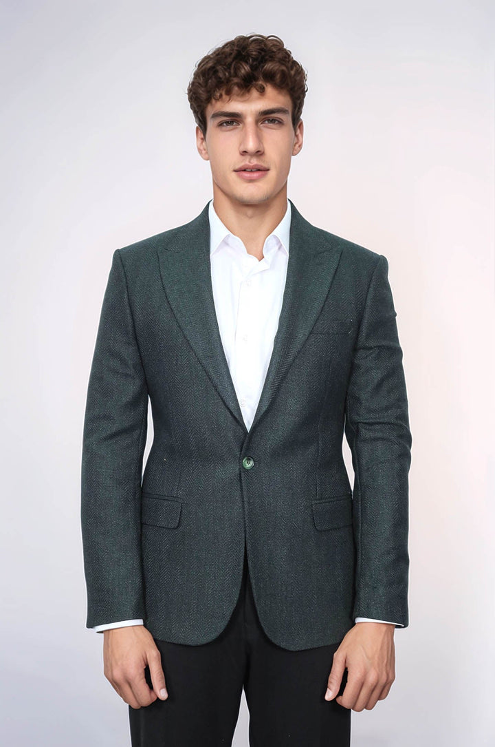 WSS Slim Fit Patterned Dark Green Men Blazer  - Coram