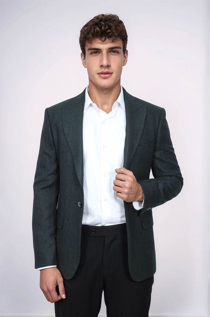 WSS Slim Fit Patterned Dark Green Men Blazer  - Coram