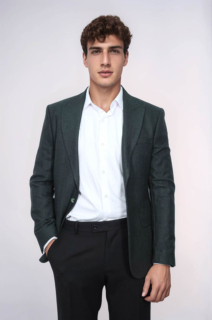 WSS Slim Fit Patterned Dark Green Men Blazer  - Coram