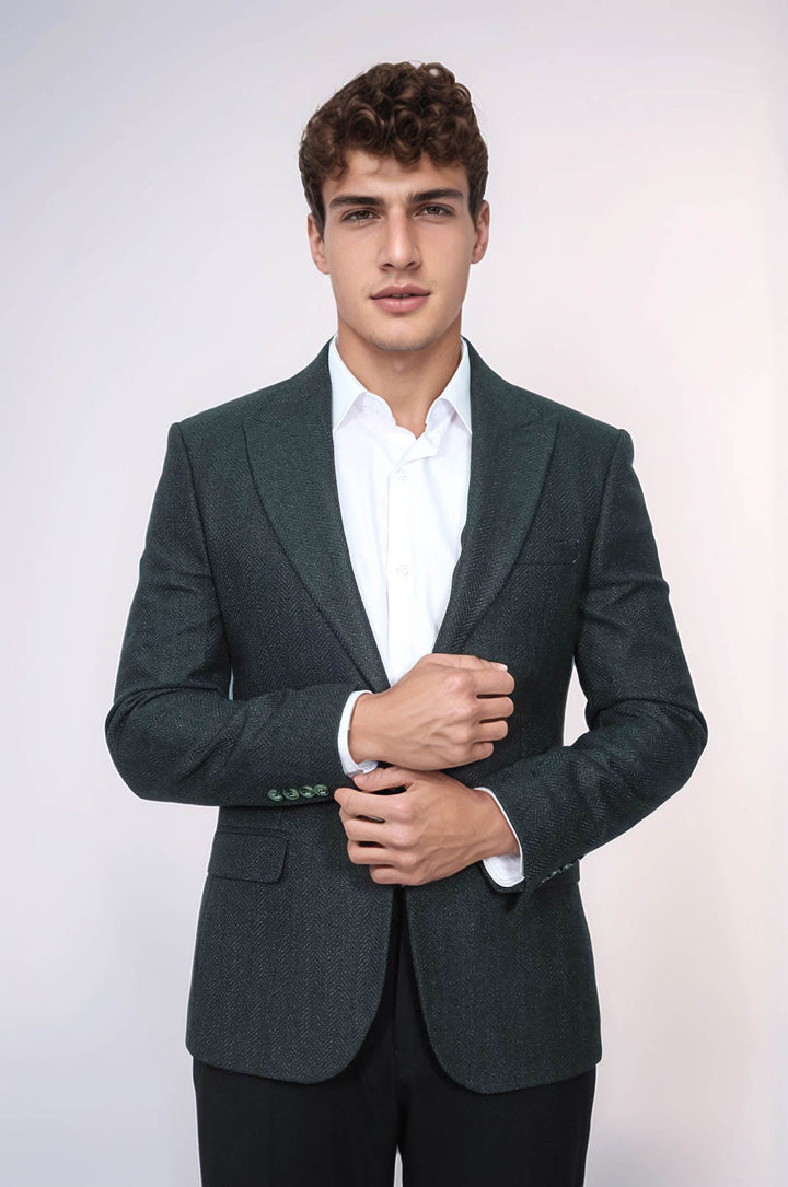 WSS Slim Fit Patterned Dark Green Men Blazer  - Coram