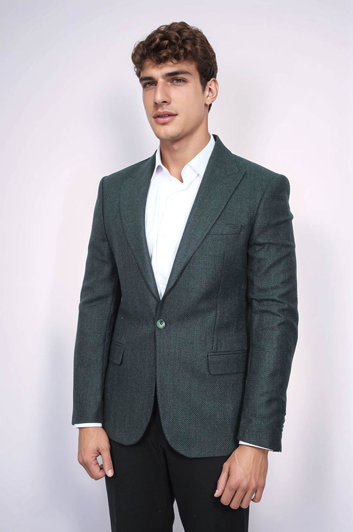 WSS Slim Fit Patterned Dark Green Men Blazer  - Coram