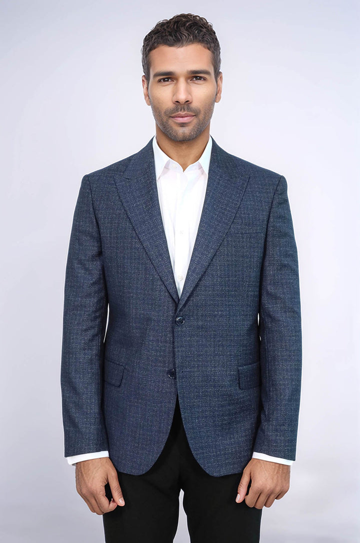 WSS Patterned Wide Lapel Navy Blue Men Blazer  - Oberhausen