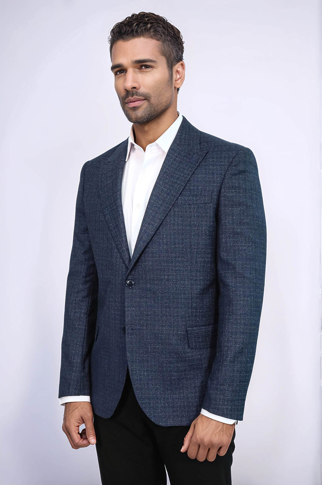 WSS Patterned Wide Lapel Navy Blue Men Blazer  - Oberhausen