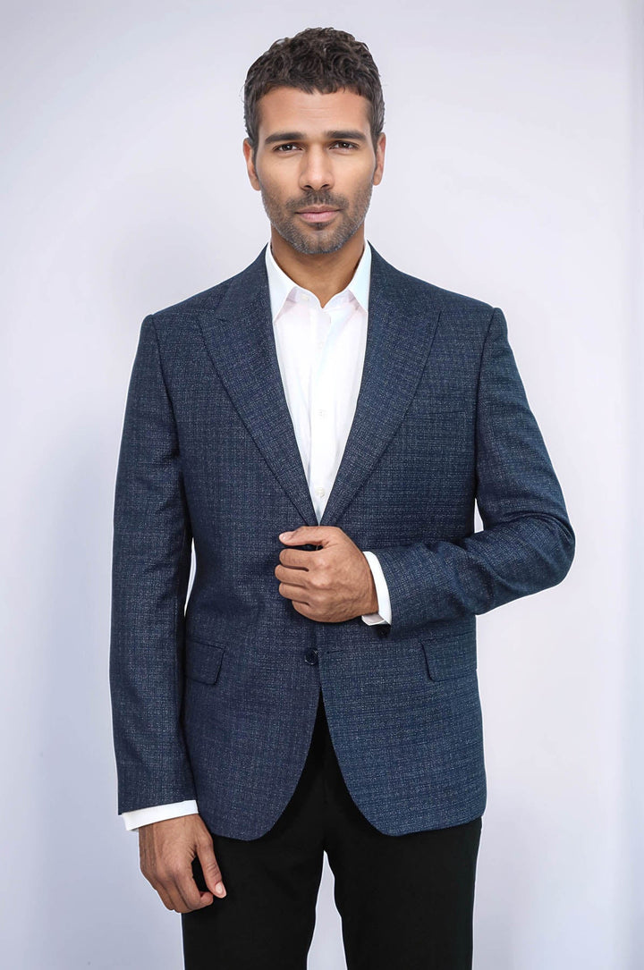 WSS Patterned Wide Lapel Navy Blue Men Blazer  - Oberhausen