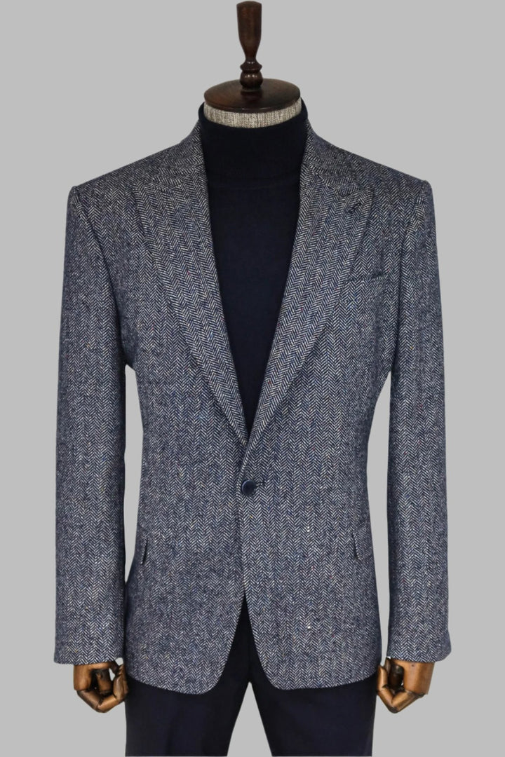 سترة WSS رجالية من الصوف باللون الأزرق بنقشة Houndstooth - سينجين