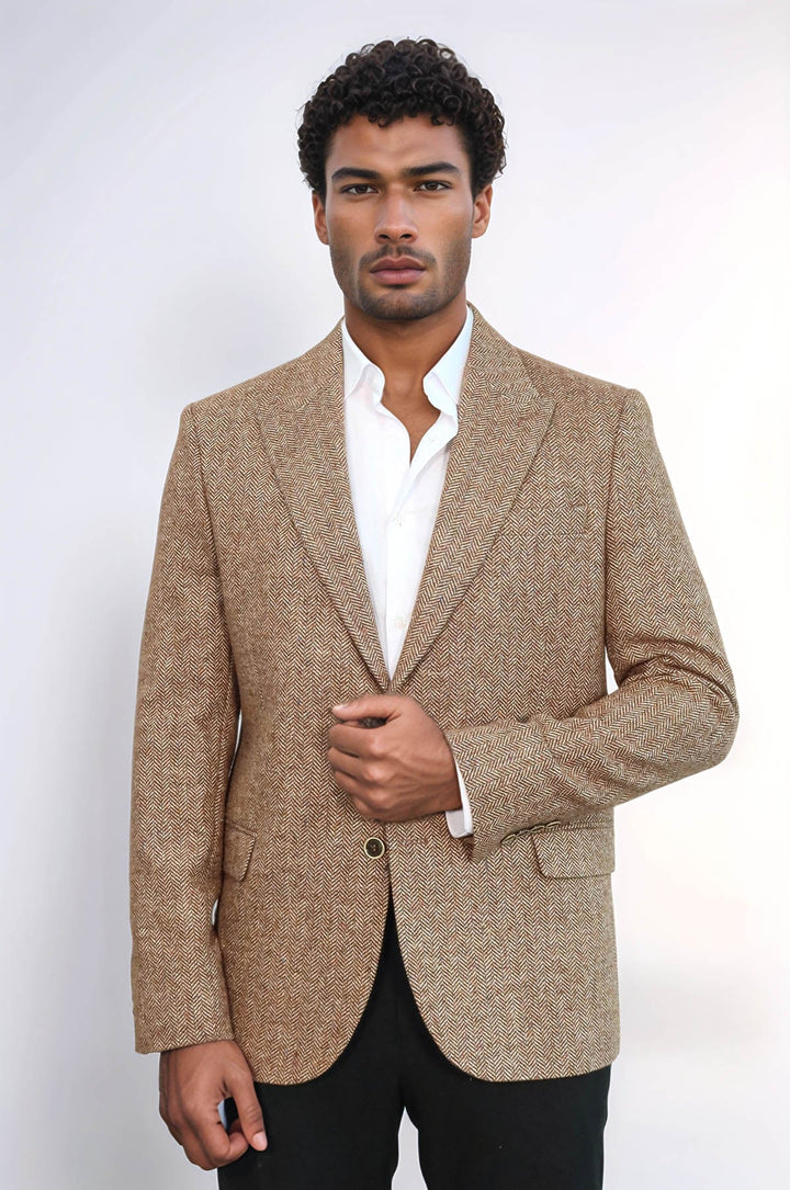 WSS Houndstooth Pattern Wool Light Brown Men Blazer  - Invercargill