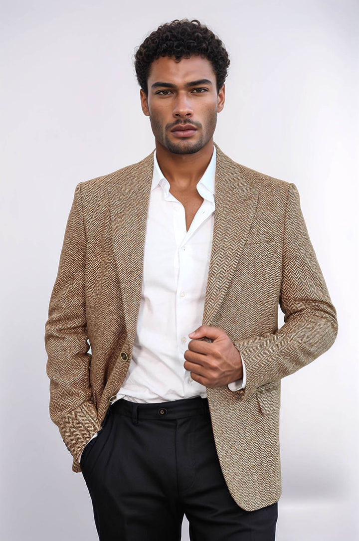 WSS Houndstooth Pattern Wool Light Brown Men Blazer  - Invercargill