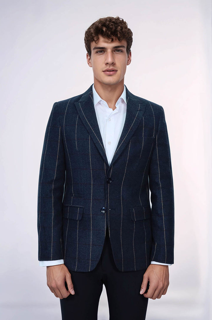 WSS Checked Navy Blue Slim-Fit Blazer  - Schwerin