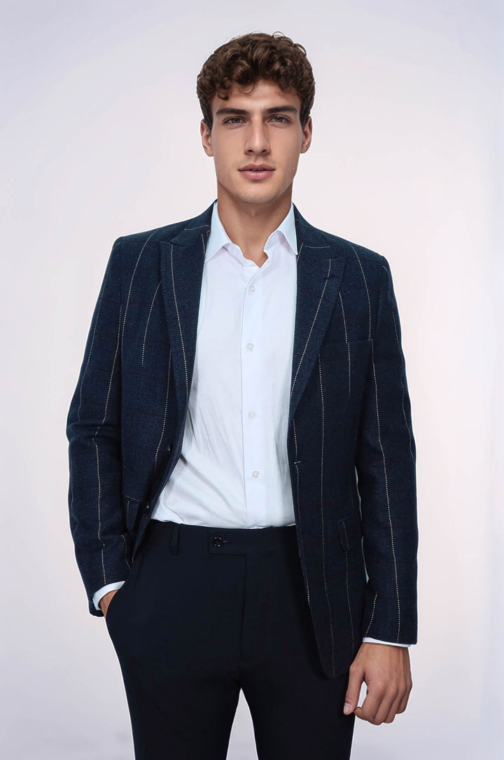 WSS Checked Navy Blue Slim-Fit Blazer  - Schwerin