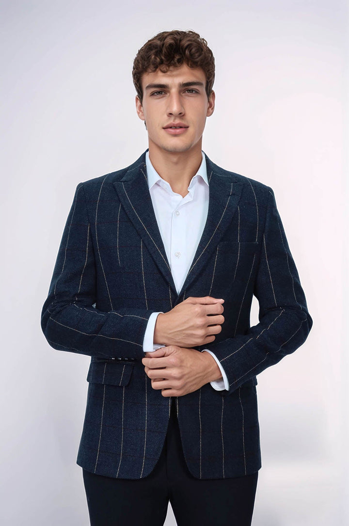 WSS Checked Navy Blue Slim-Fit Blazer  - Schwerin