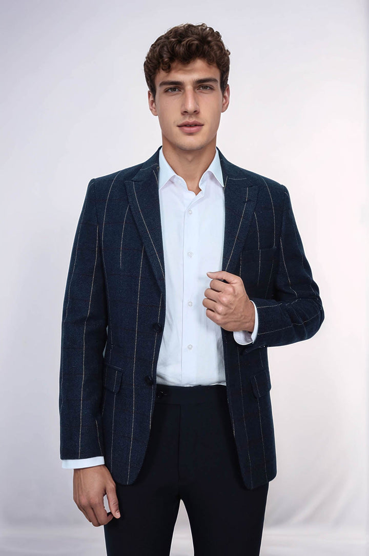 WSS Checked Navy Blue Slim-Fit Blazer  - Schwerin